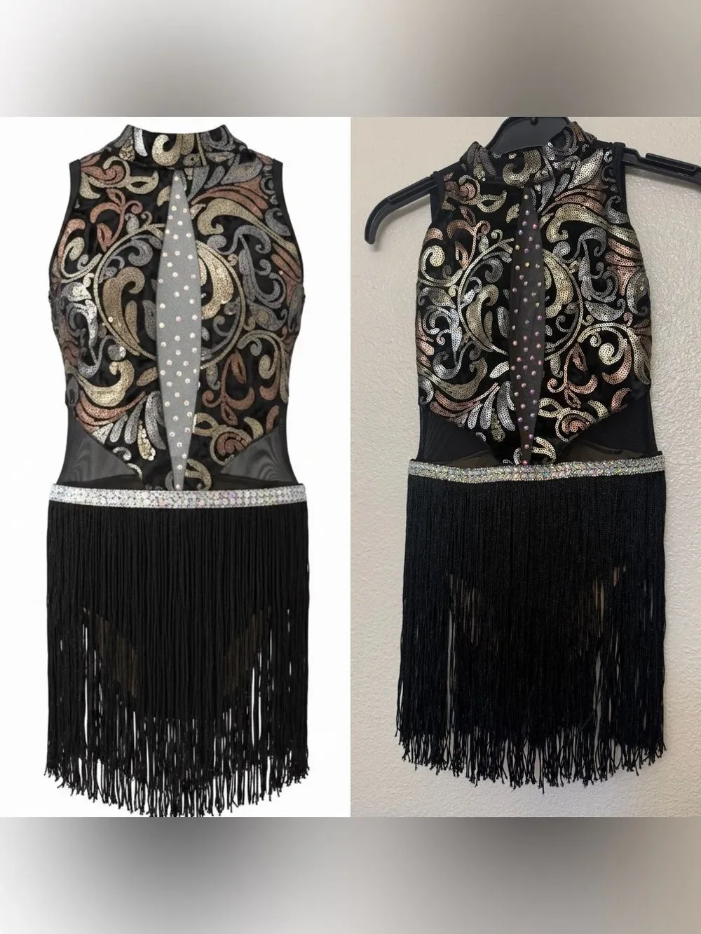 Ilo Gear glam black custom dance costume leotard rhinestoned velvet fringe LC